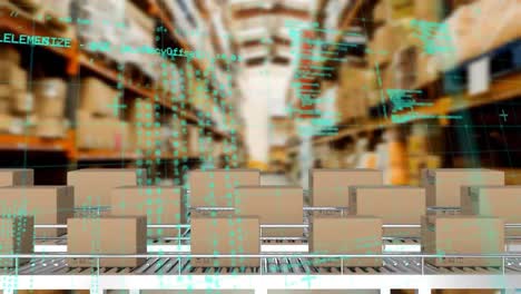 animation of statistics processing over conveyor belts with boxes