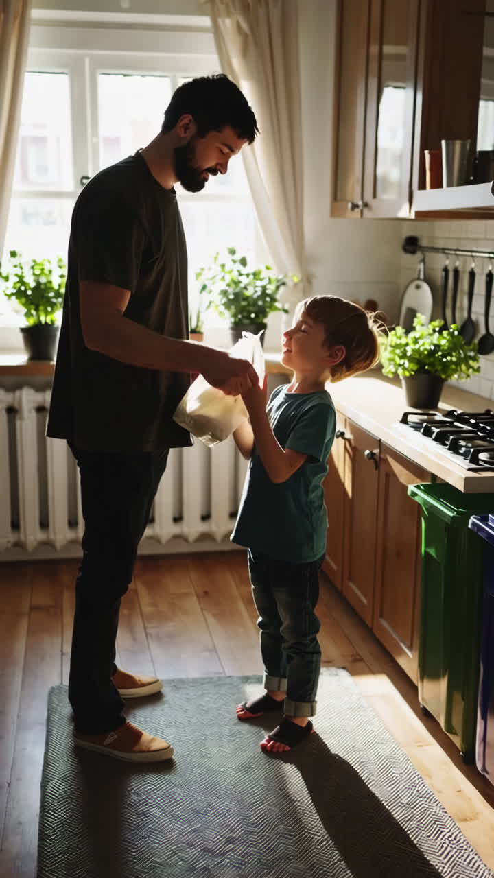 Father and son interact in a sunlit kitchen