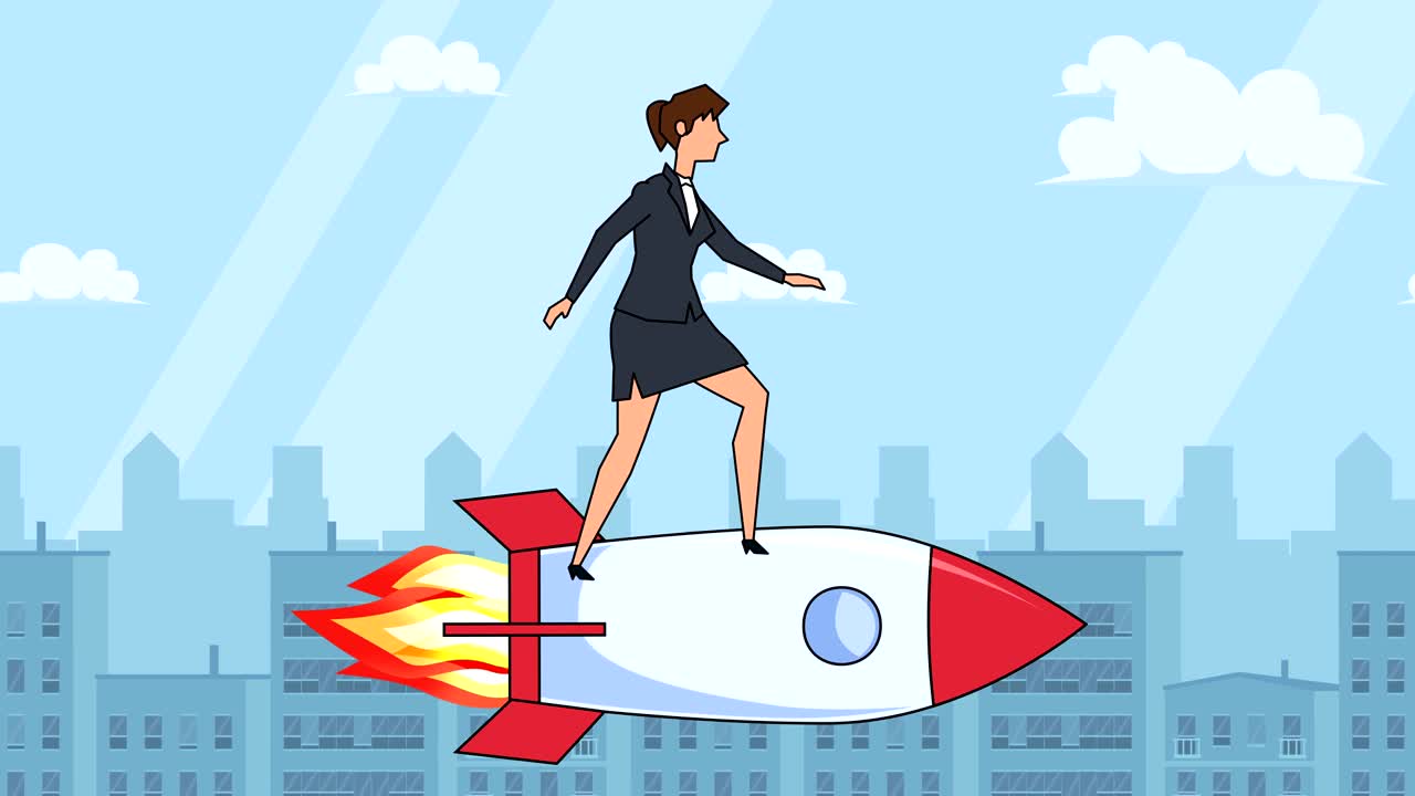 personaje de mujer de negocios de dibujos animados plana volar en un cohete concepto de inicio de animación