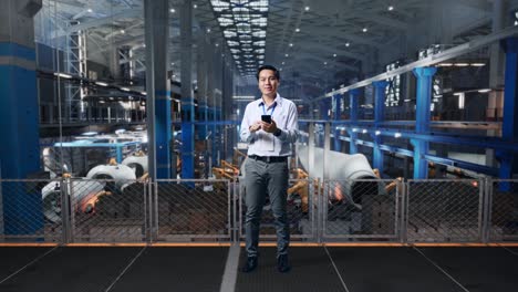 full body of an asian male professional worker standing with his smartphone at the center of the wind turbine factory, he is looking at the camera with a smile