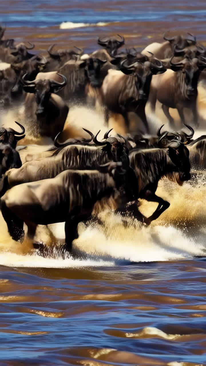 Wildebeest Migration Crossing a River