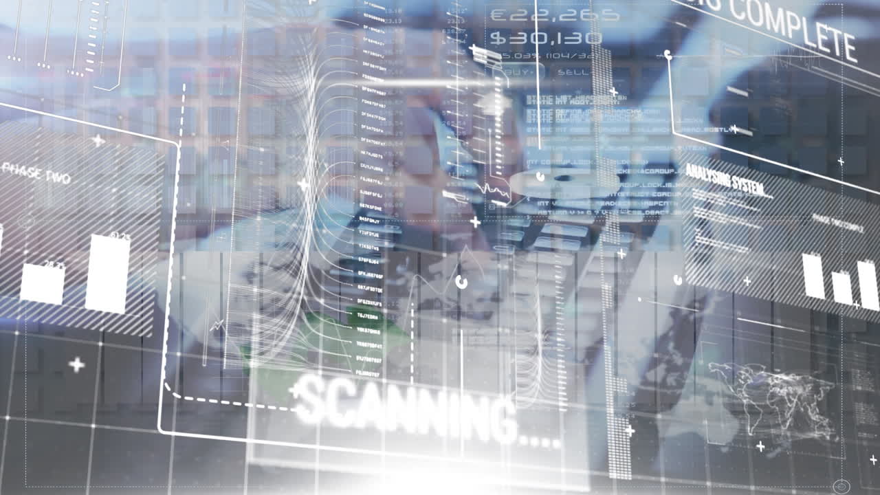 Animation of financial data processing over man using computer