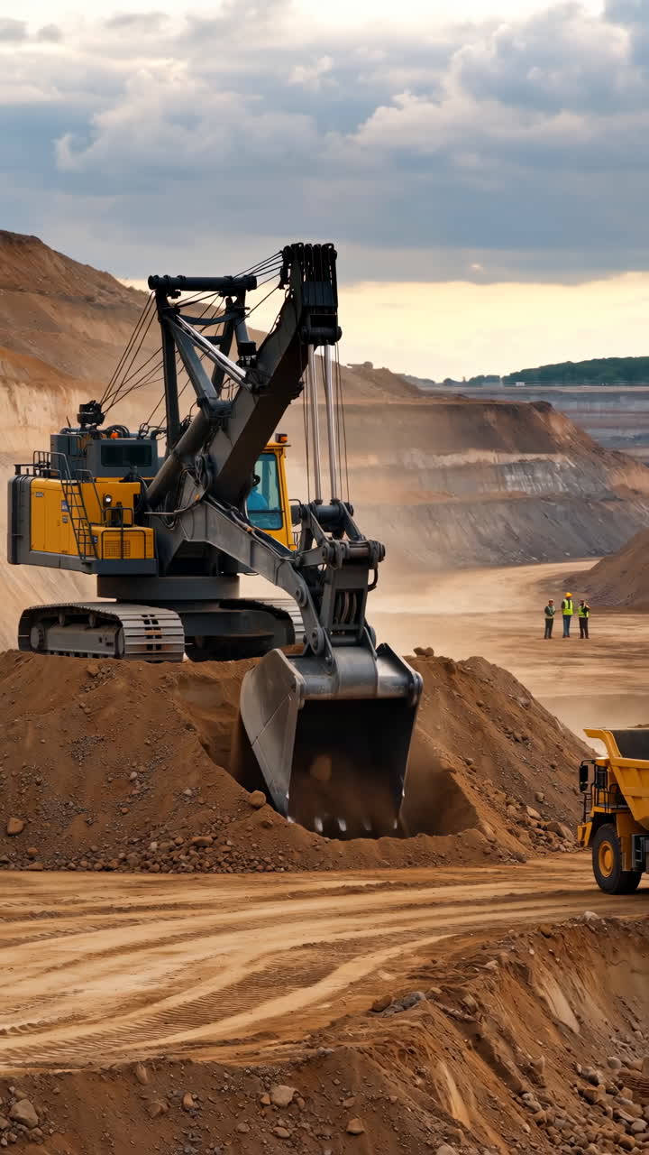 Large Excavator and Dump Truck in an Open-Pit Mine