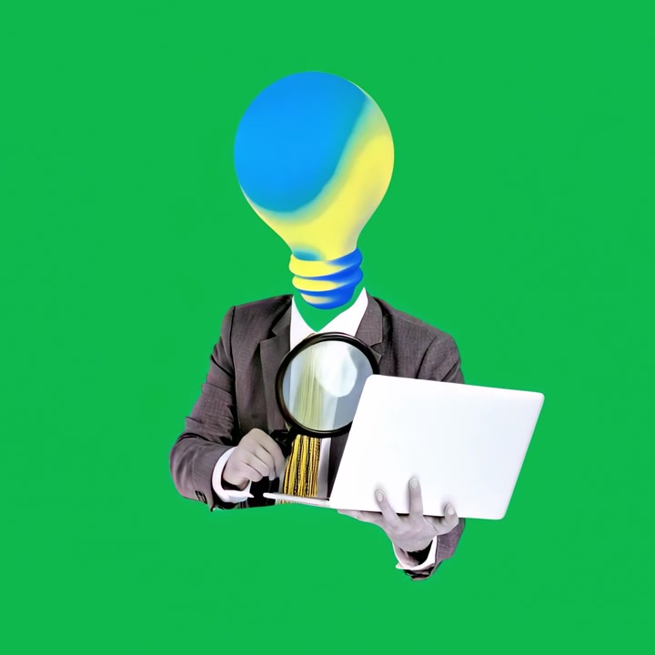 Animated Businessman with Lightbulb Head Analyzing Laptop