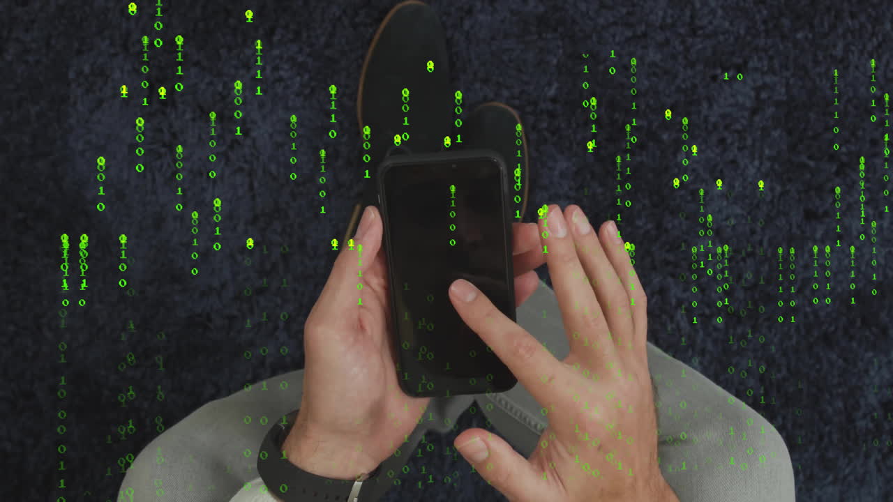 Holding smartphone with green binary code animation overlay in school setting