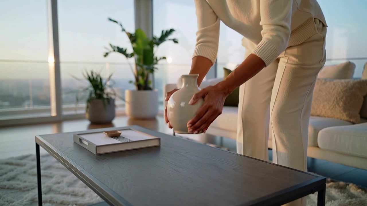Leaning woman in cream placing vase on coffee table stepping back in flat, styling, copy space