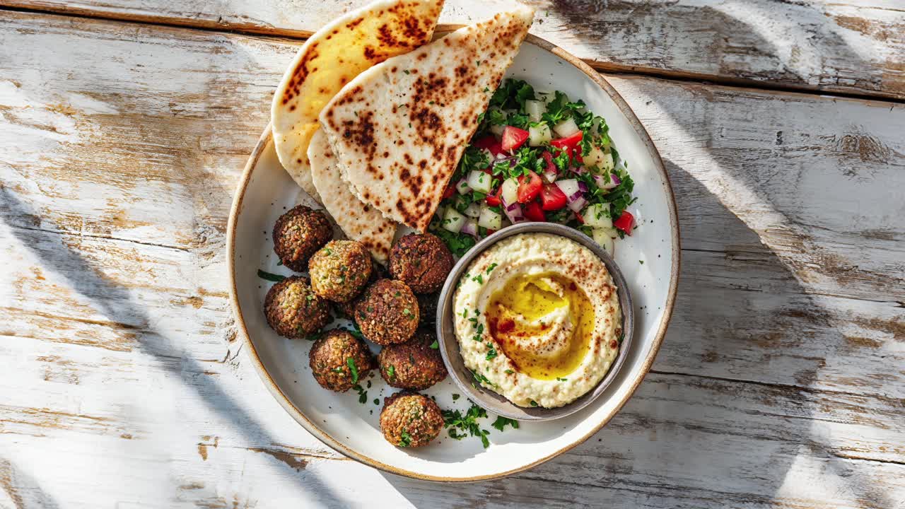 un delicioso plato de hummus con pan de pita y falafel