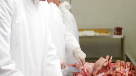 butcher packing minced meat in container