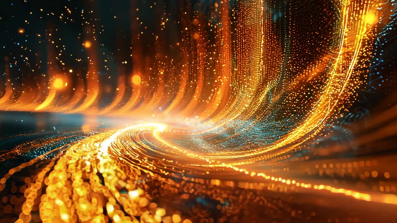 A long, curving line of glowing orange lights. The lights are arranged in a way that creates a sense of movement and depth. The scene is set in a dark, mysterious environment