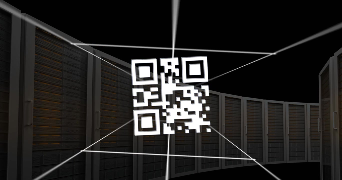 Animation of qr code on lines over server system racks against black background