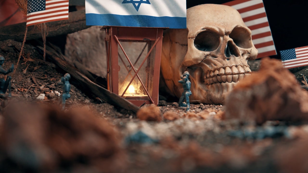 Small plastic soldiers engaged in a dramatic battlefield scene. Geopolitical concept with flags from the usa, china, israel, and russia