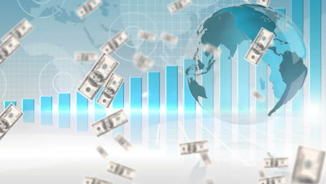 animación de billetes de dólares estadounidenses que caen sobre el globo y estadísticas