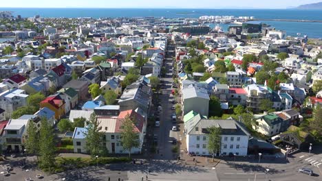 high angle establishing shot over downtown reykjavik iceland neighborhoods