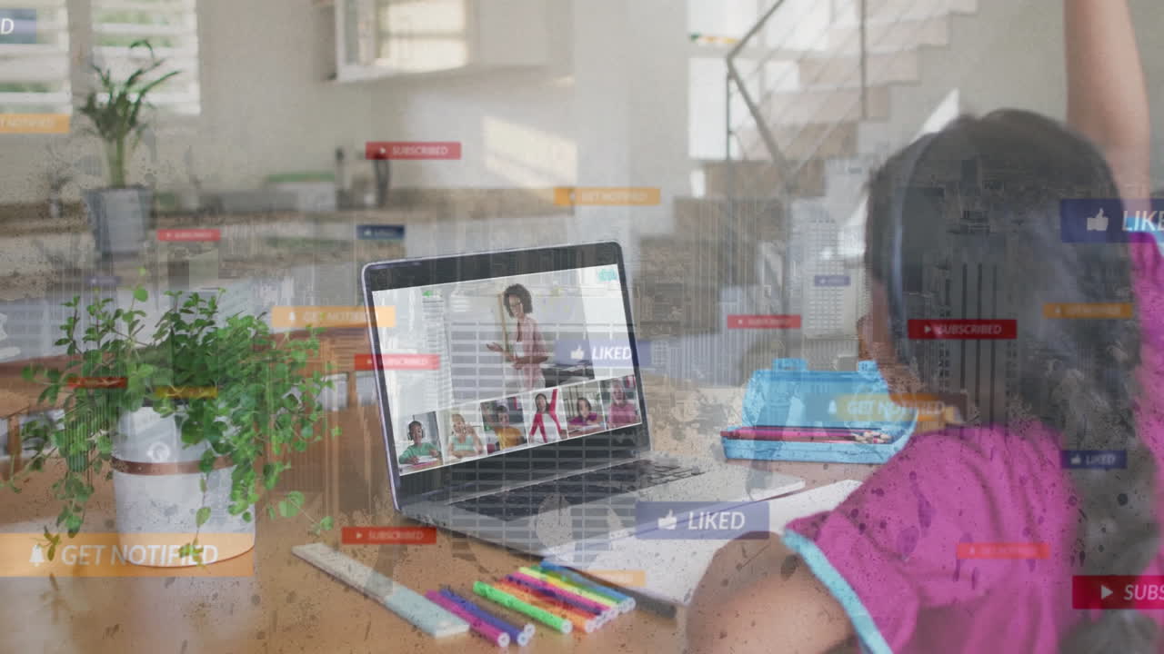 In school, child watching animation on laptop with social media notifications overlay