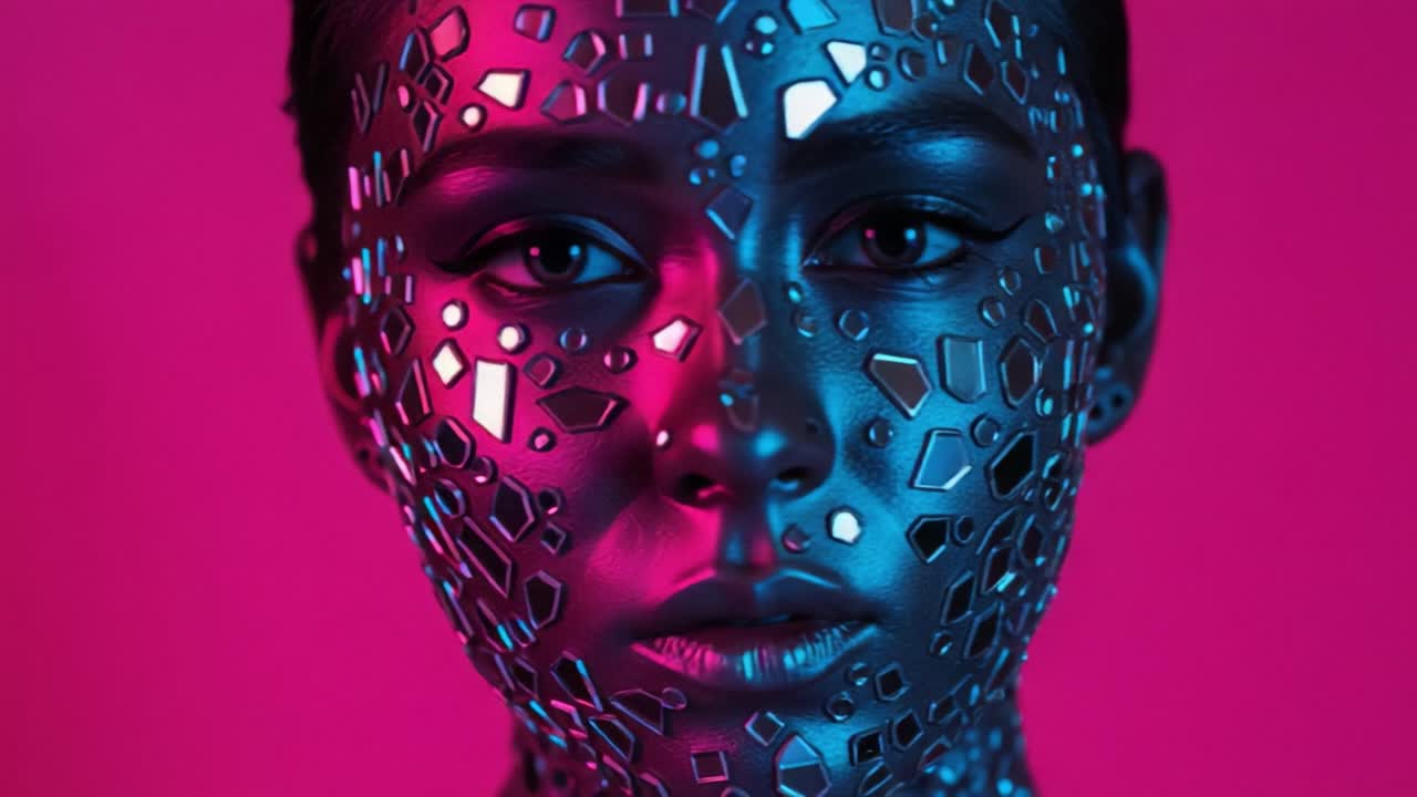 A Stunning Portrait of a Model with Reflective Geometric Patterns on Her Face Surrounded by a Vibrant Pink and Blue Background in a Bold and Artistic Luminous Display