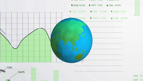 icono de globo giratorio sobre el procesamiento de datos financieros y del mercado de valores contra un fondo blanco