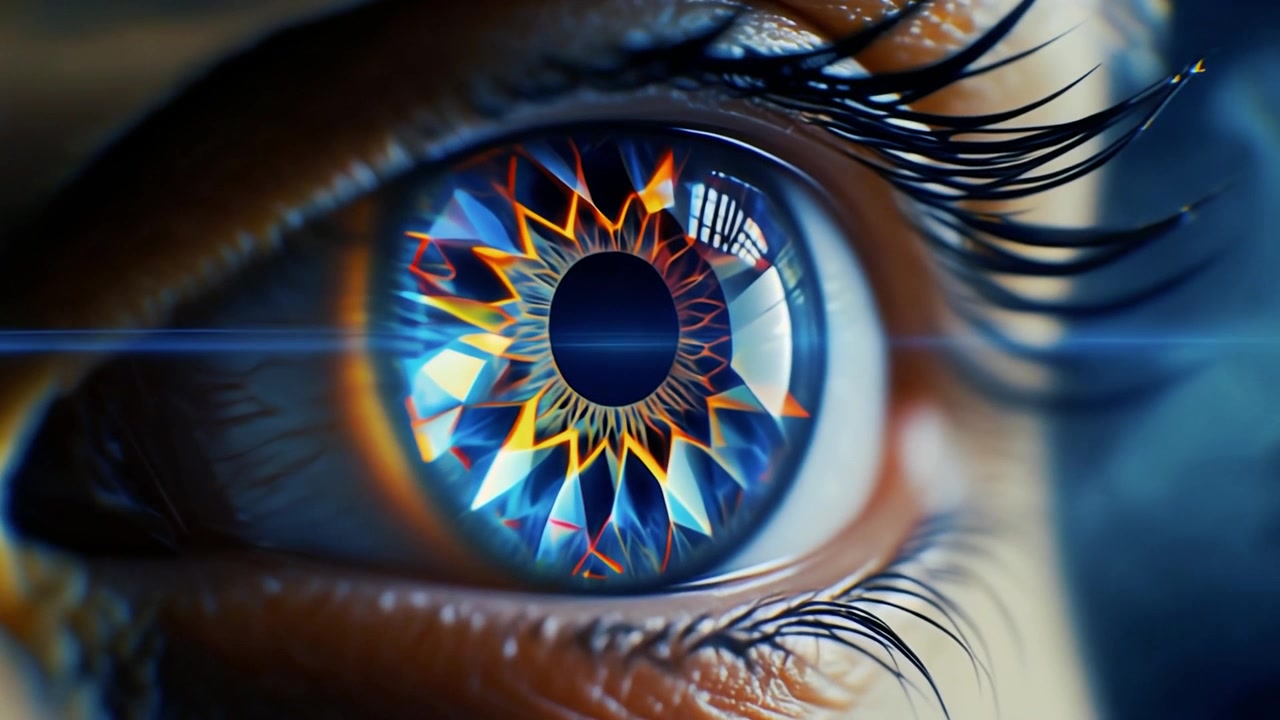 Close-up of a Human Eye with Futuristic Digital Iris Pattern