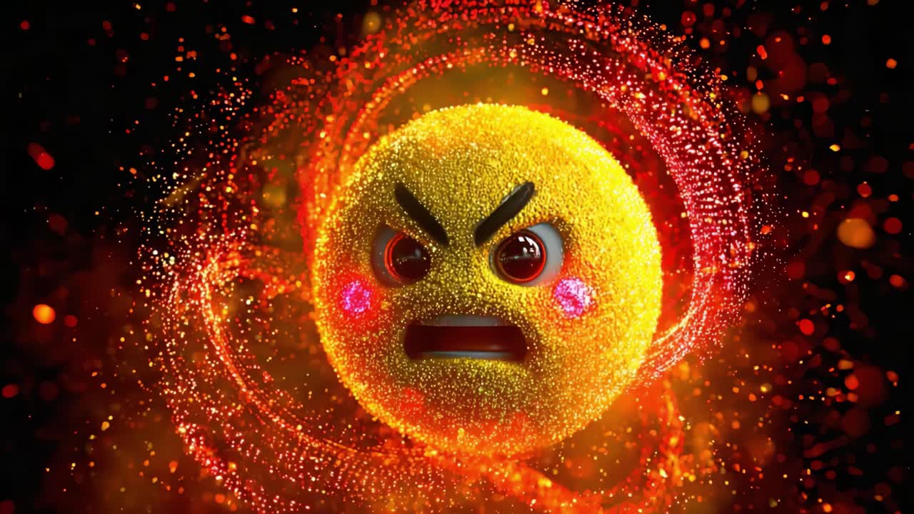 A Fiery Emotion: A Powerful Animated Yellow Sphere Displays Anger with Intense Red Sparkles in Surrounding Cosmic Energy and Dynamic Swirling Effects