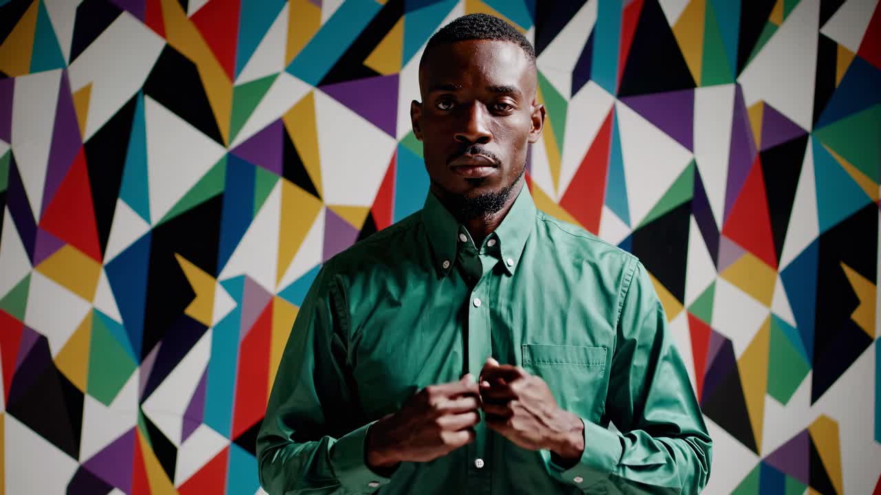 hombre de camisa verde contra un fondo geométrico colorido