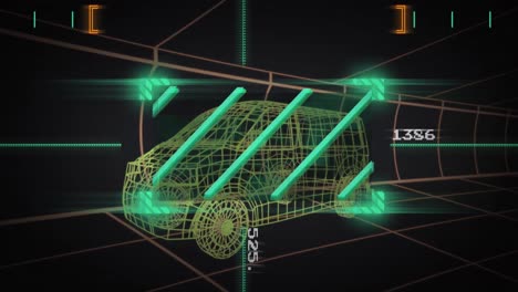 animación de líneas en el visor con números cambiantes sobre un modelo 3d de coche moviéndose en un túnel.