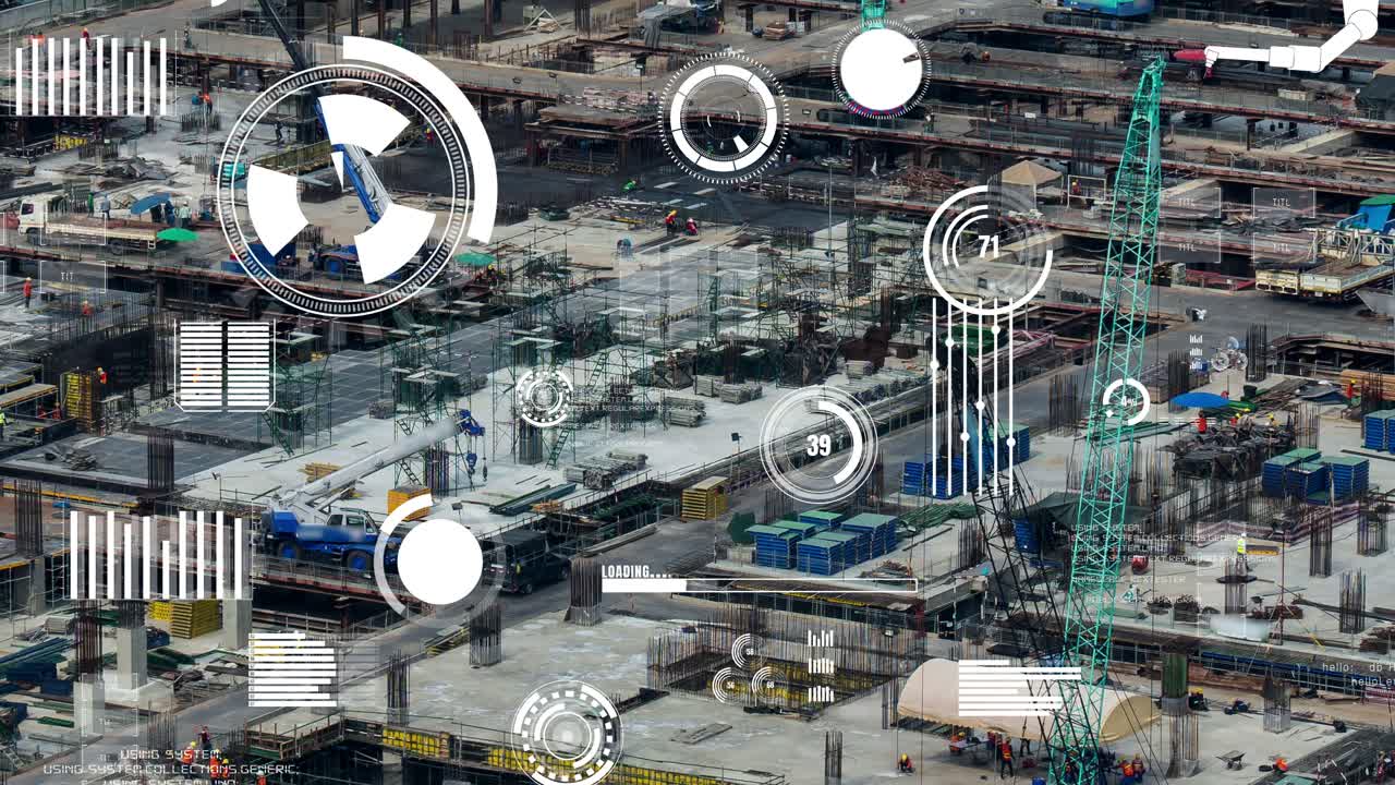 concepto de tecnología de construcción con gráfico de alteración sobre el sitio de construcción