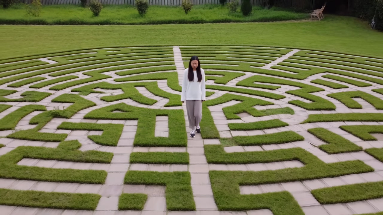 Asian Woman Walking Circular Grass Labyrinth, Slow Deliberate Steps, Relaxed Posture, Overcast Sky, Expansive