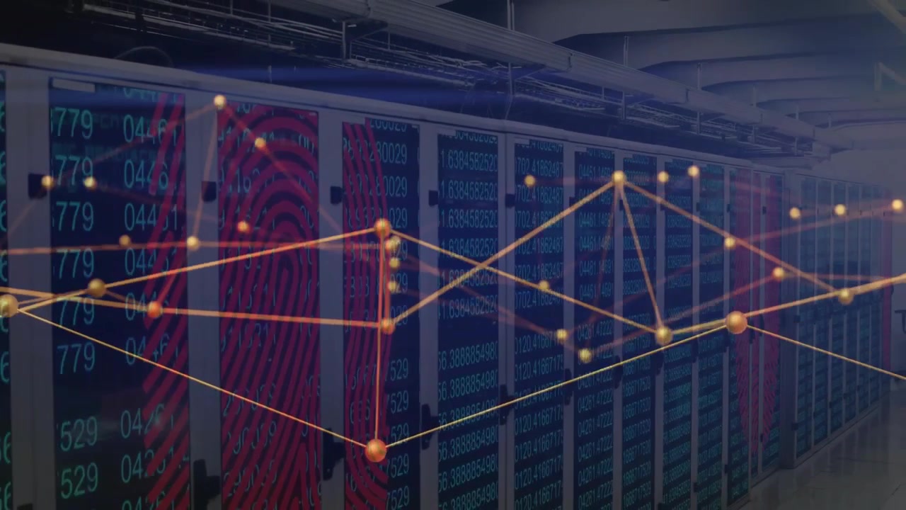 Network overlay emerging on server racks, pulsing nodes rising lines illustrating data analysis