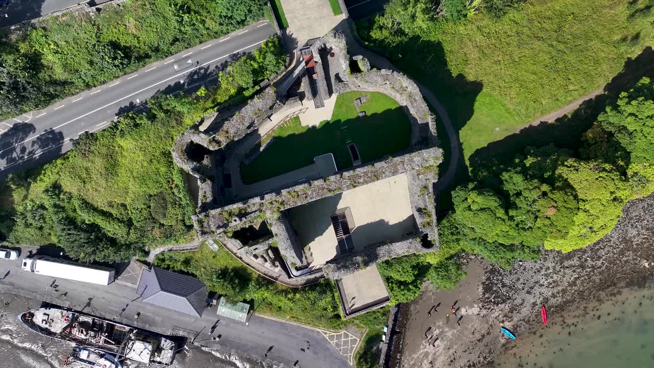 Aerial top down of Carlingford Castle, symmetry. Coastal of Ireland. Heritage, tourist attraction