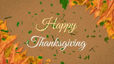 Animation-of-happy-thanksgiving-text-banner-and-autumn-leaves-floating-against-brown-background