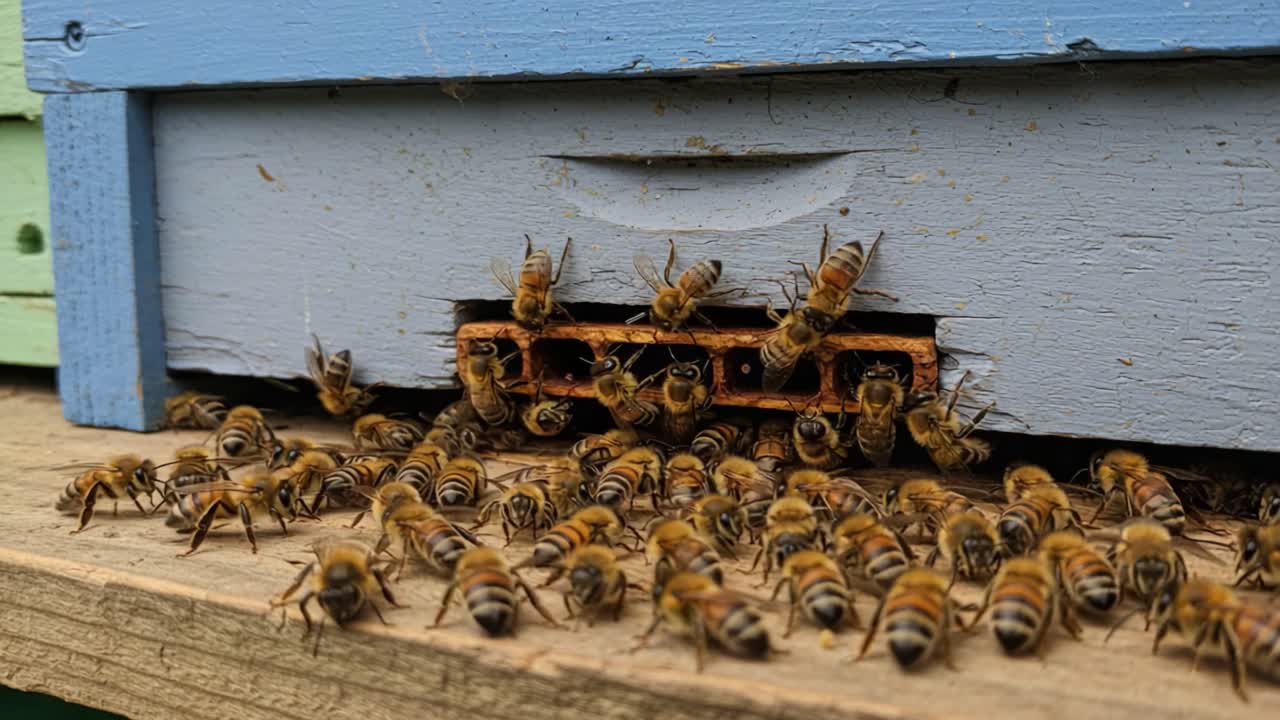 A Close-Up View of Bees Interacting Outside Their Hive, Showcasing the Busy Life of These Essential Pollinators in Their Natural Environment
