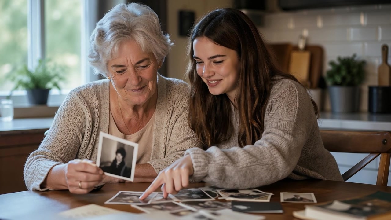 Elderly woman and a young woman smiling while looking through old black and white family photographs