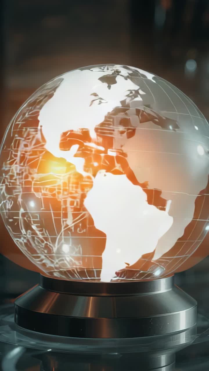 Vertical video: Rotating glass globe on metal base showing circuitry in lab, pulsing amber LEDs