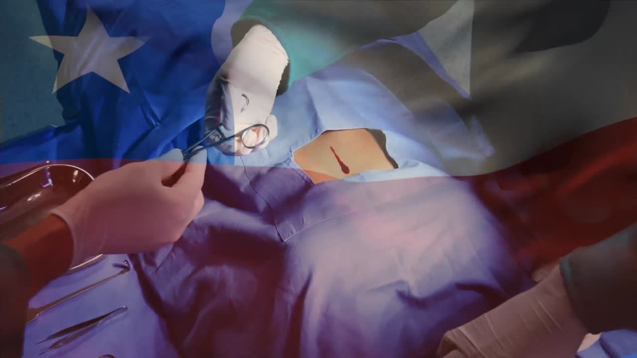 animación de la bandera de chile sobre los cirujanos en el quirófano