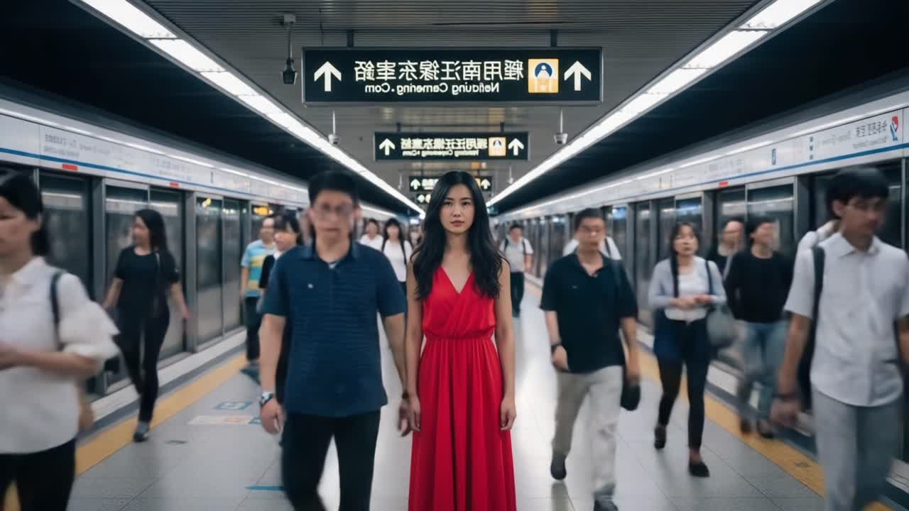 A Bold Figure in Red Stands Still Amidst the Rushing Crowd of Commuters in a Busy Subway Station, Capturing the Essence of Urban Life and Individuality