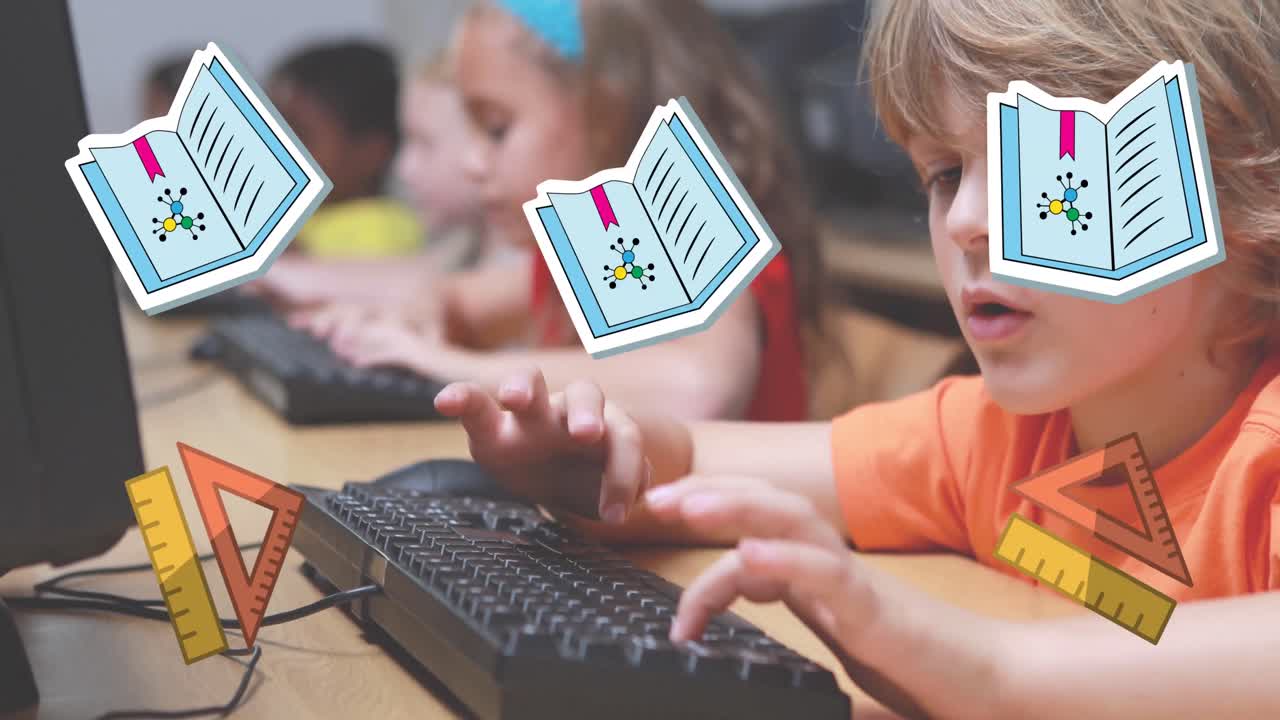 animación de iconos de artículos escolares sobre los niños de la escuela que usan computadoras