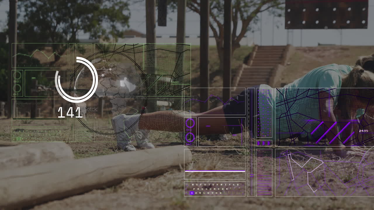 animación de procesamiento de datos y globo sobre mujeres diversas que hacen ejercicio en una carrera de obstáculos