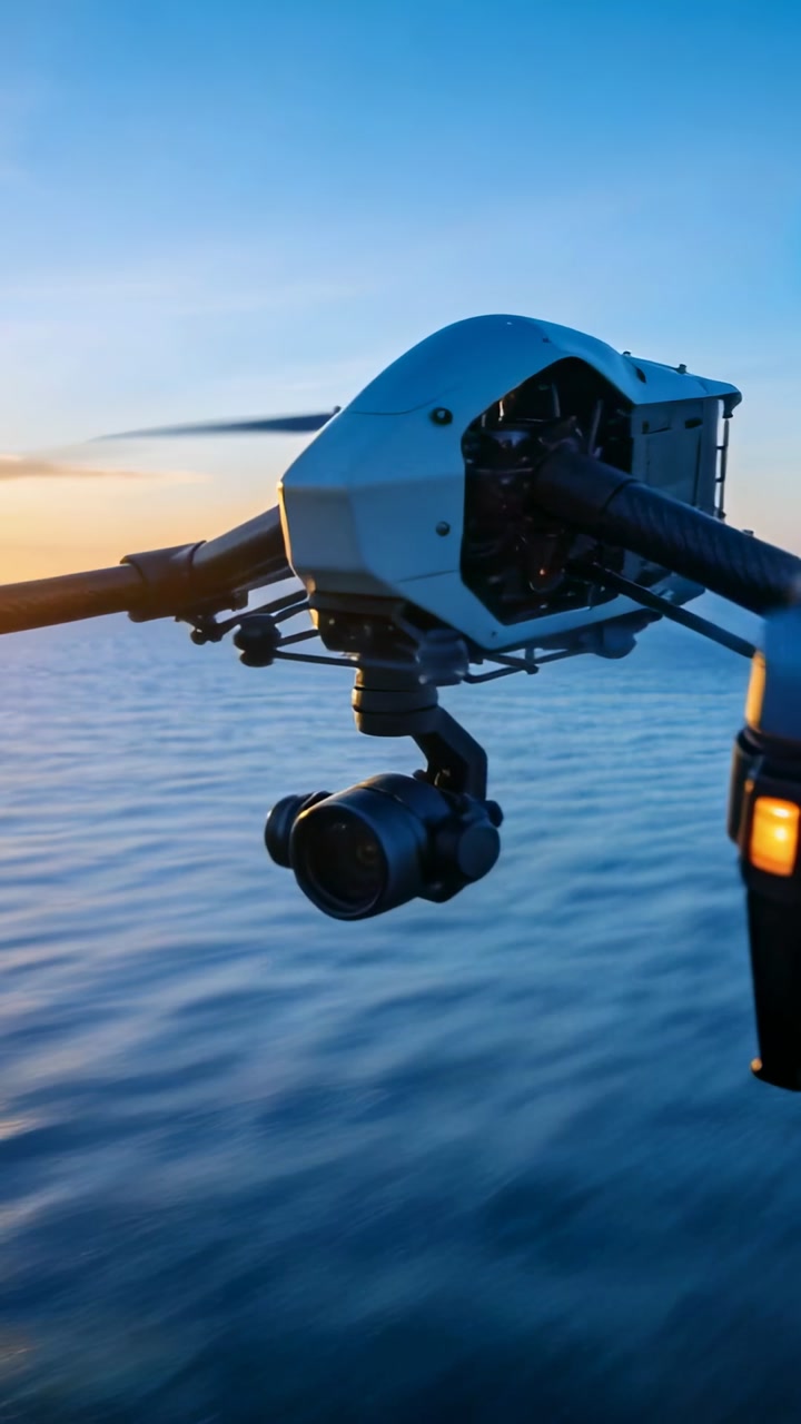 Vertical video: Remote command initiating drone, yawing revealing gimbal over sunset ocean for tech