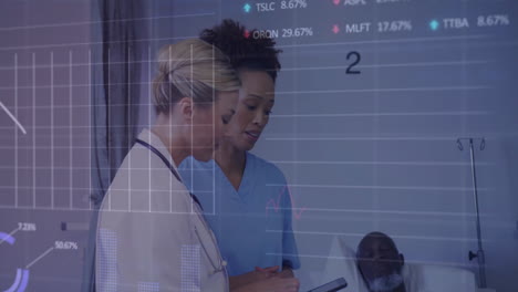 animation of graphs, trading boards, diverse female doctor explaining nurse about patient medicine