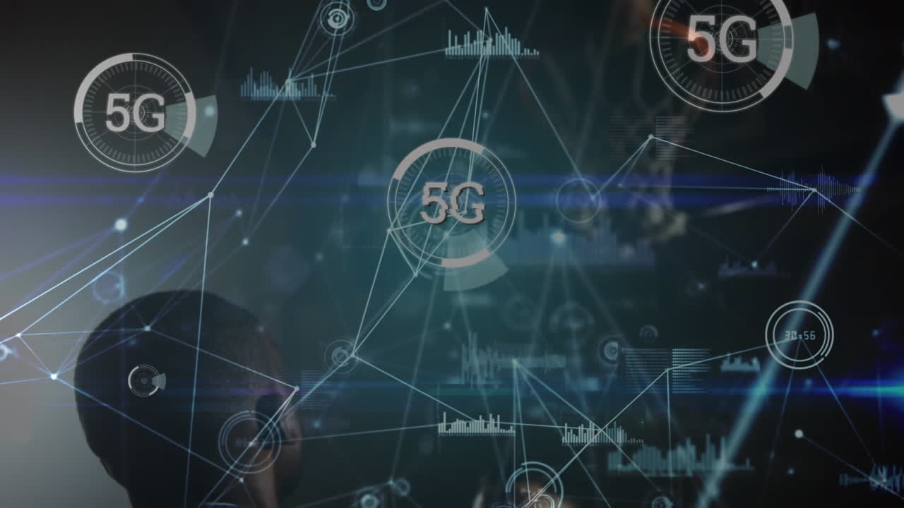 animación de texto 5g, red de conexiones y procesamiento de datos sobre jugadores de baloncesto