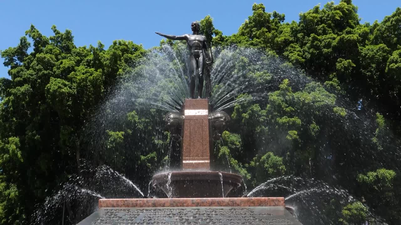 Apollo's bronze statue in Archibald Memorial Fountain, iconic landmark in Sydney's famous Hyde Park