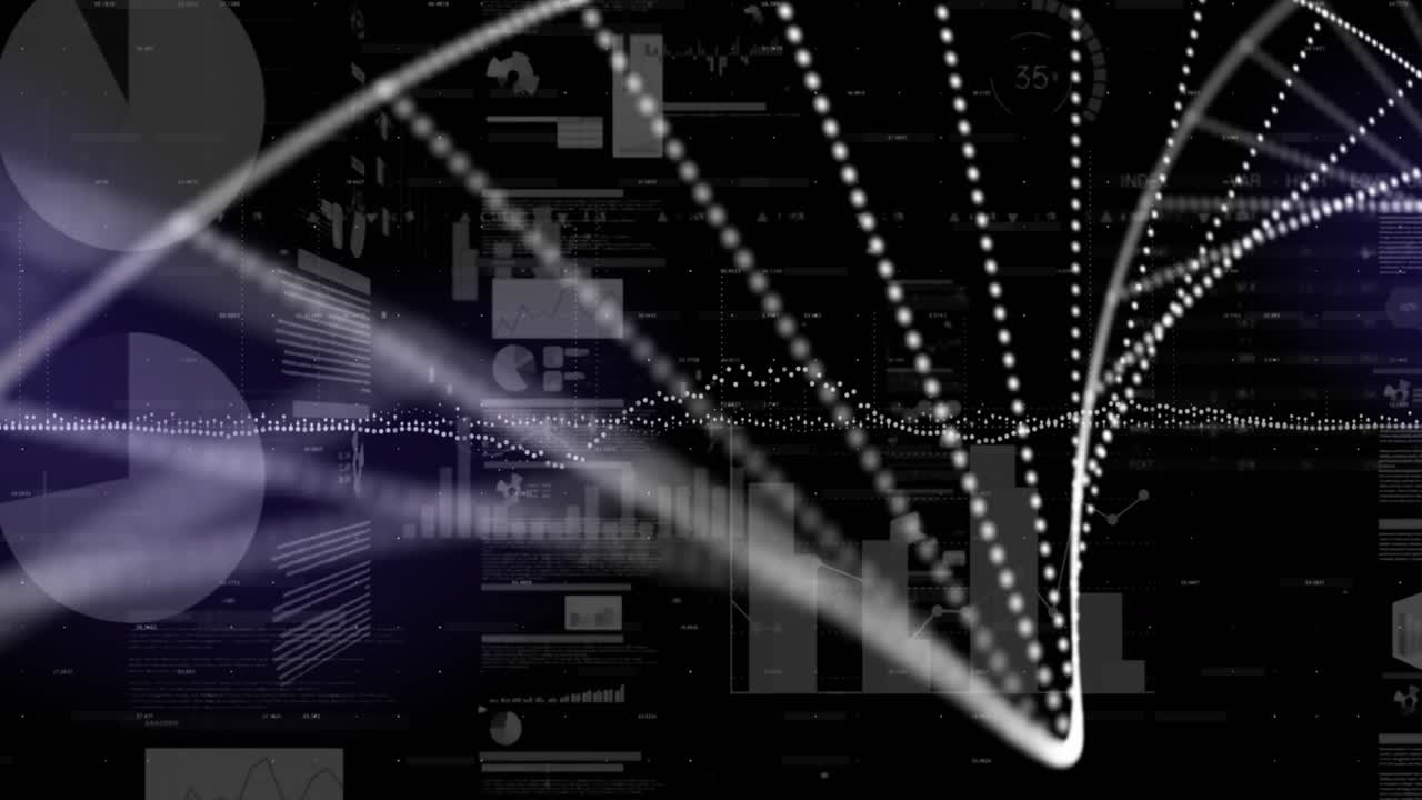 Animation of dna strand over financial data processing on black background