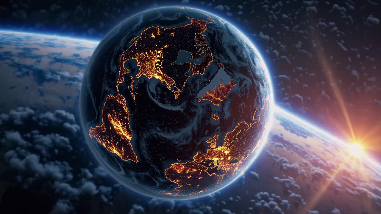 A cinematic video still of Earth from space, showcasing glowing city lights