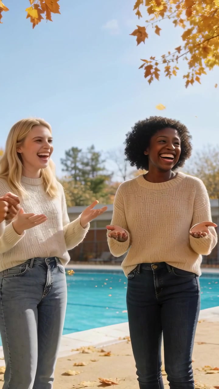 Vidéo verticale: Feuilles dérivant, femmes en pulls et jeans discutant et riant au bord de la piscine