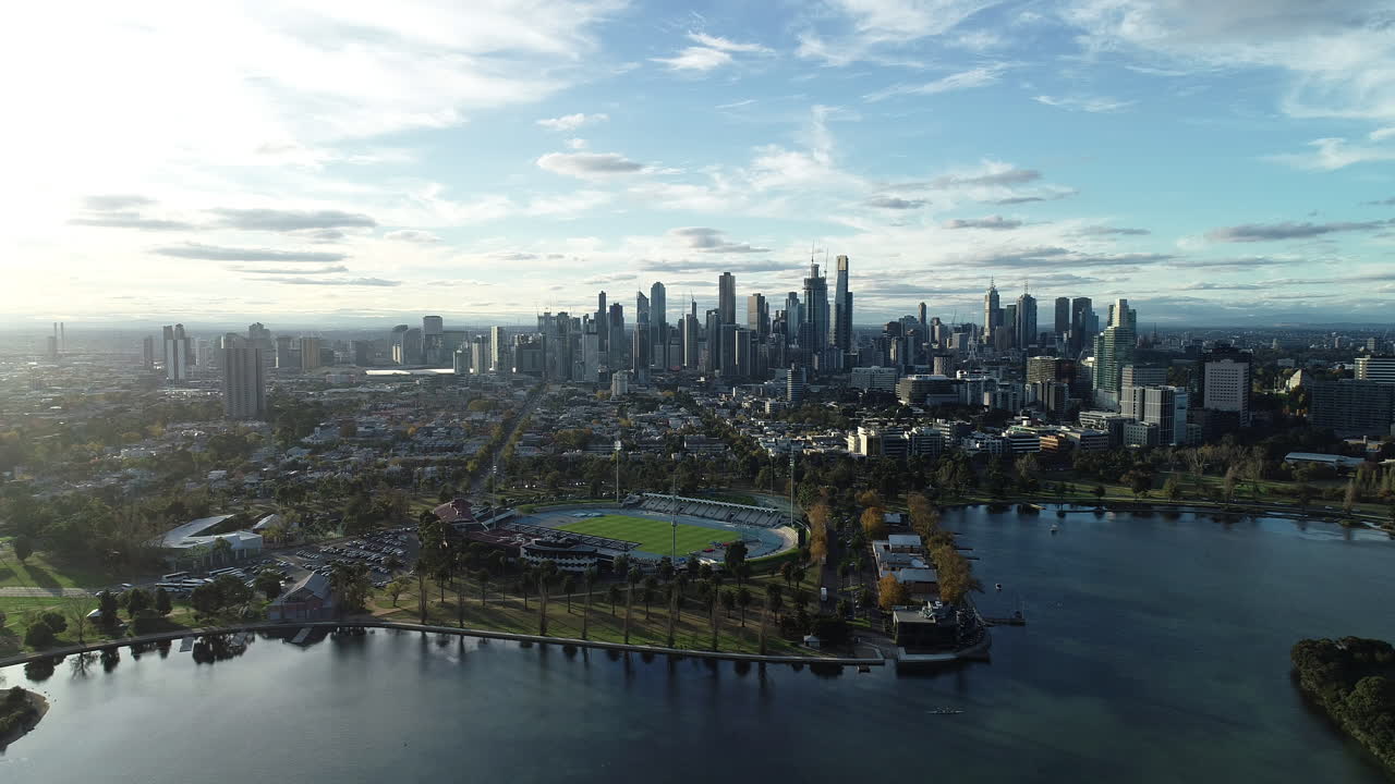 Static aerial perspective looking over Albert Park Lake toward Melbourne CBD, Victoria, Australia.