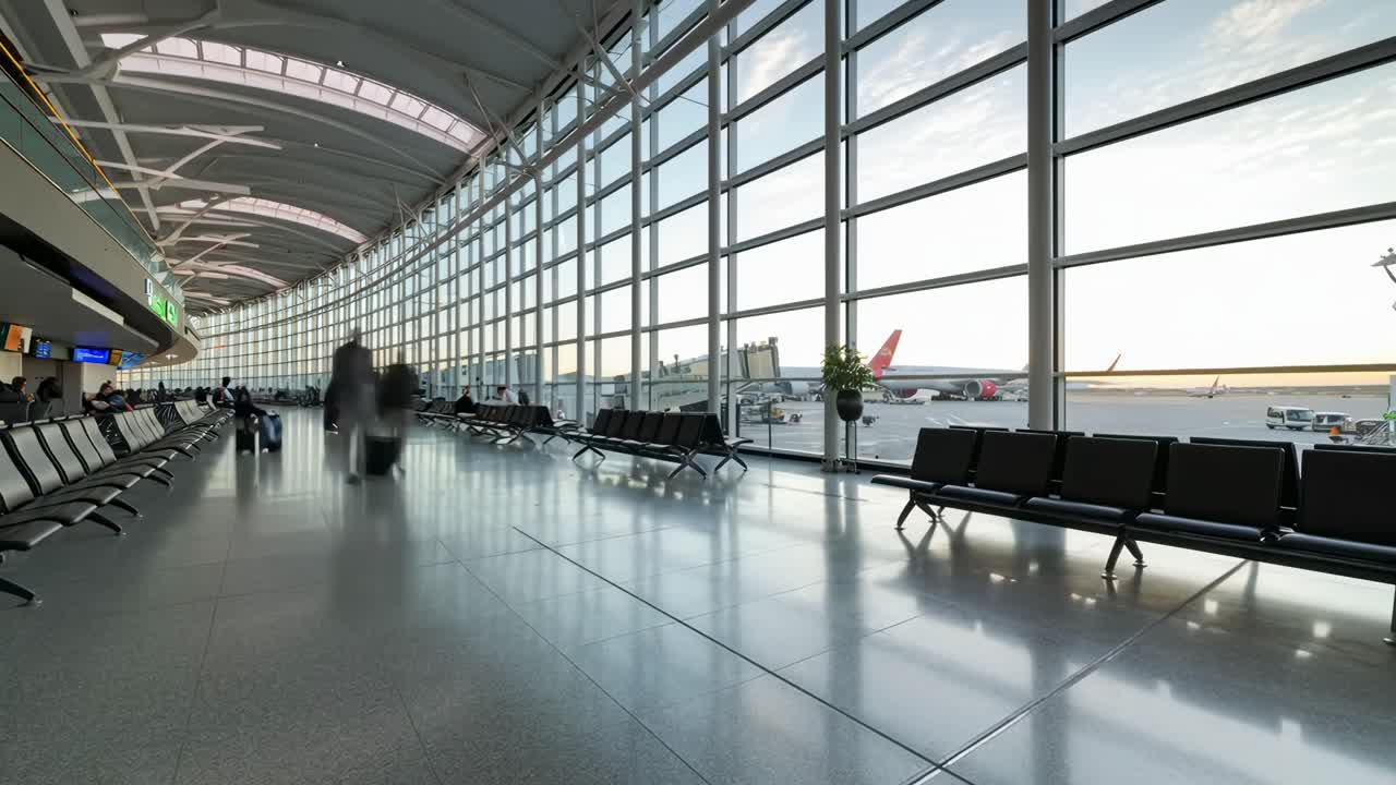 Wide-angle video shot of a modern airport terminal with glass walls and empty seats