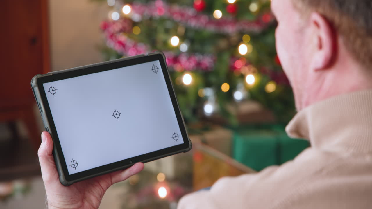 Senior man using tablet near Christmas tree, enjoying festive holiday season