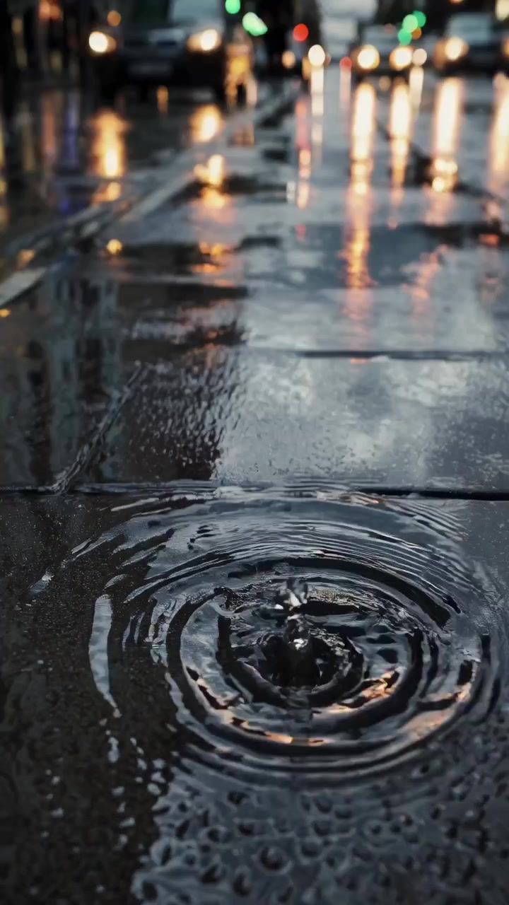 Raindrop Falling Into Puddle on City Street at Twilight