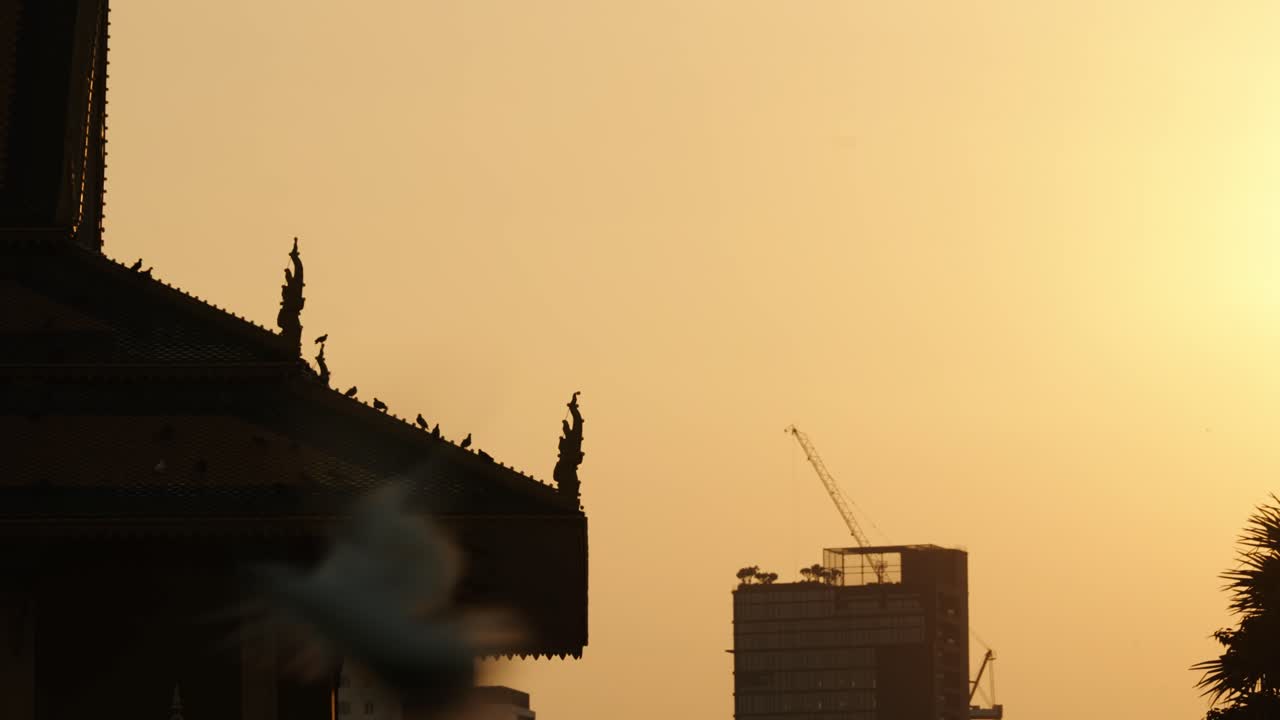 Tejado de palacio en silueta con pájaros volando al atardecer en Phnom Penh.