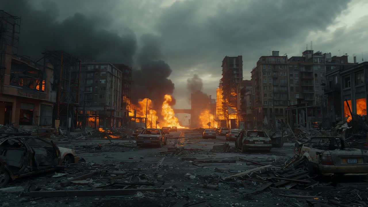 Burning cars following catastrophic blast along ruined city street, with black smoke