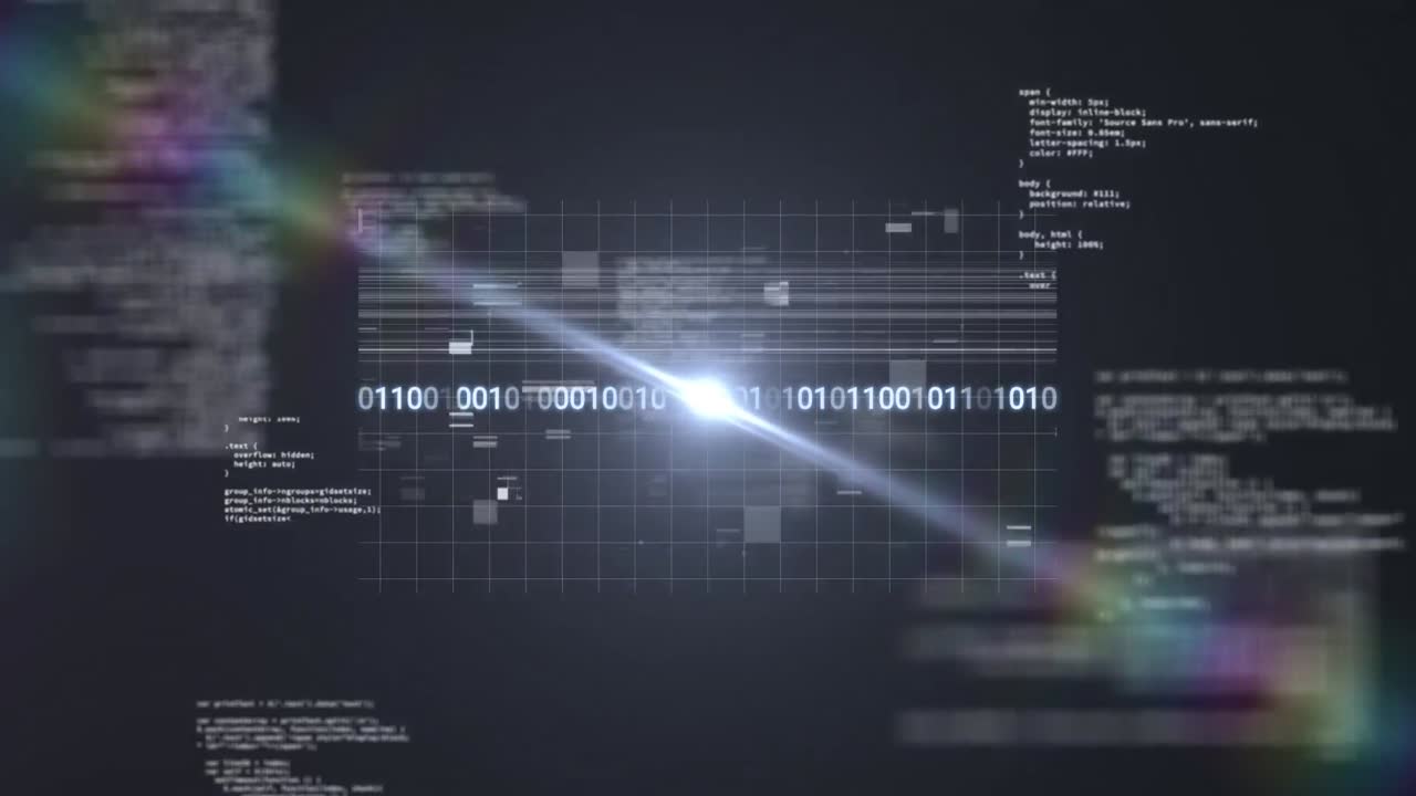 Animation of data processing and light trails on black background